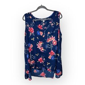 Woman Within Navy Blue Floral Tank Top Blouse Plus Size Everyday Casual 18/20